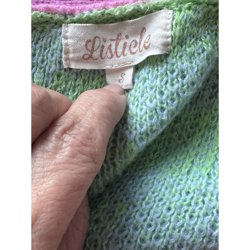Listicle Dopamine Cardigan S Green Blue Checker Pink Trim Chunky Knit - Picture 3 of 8